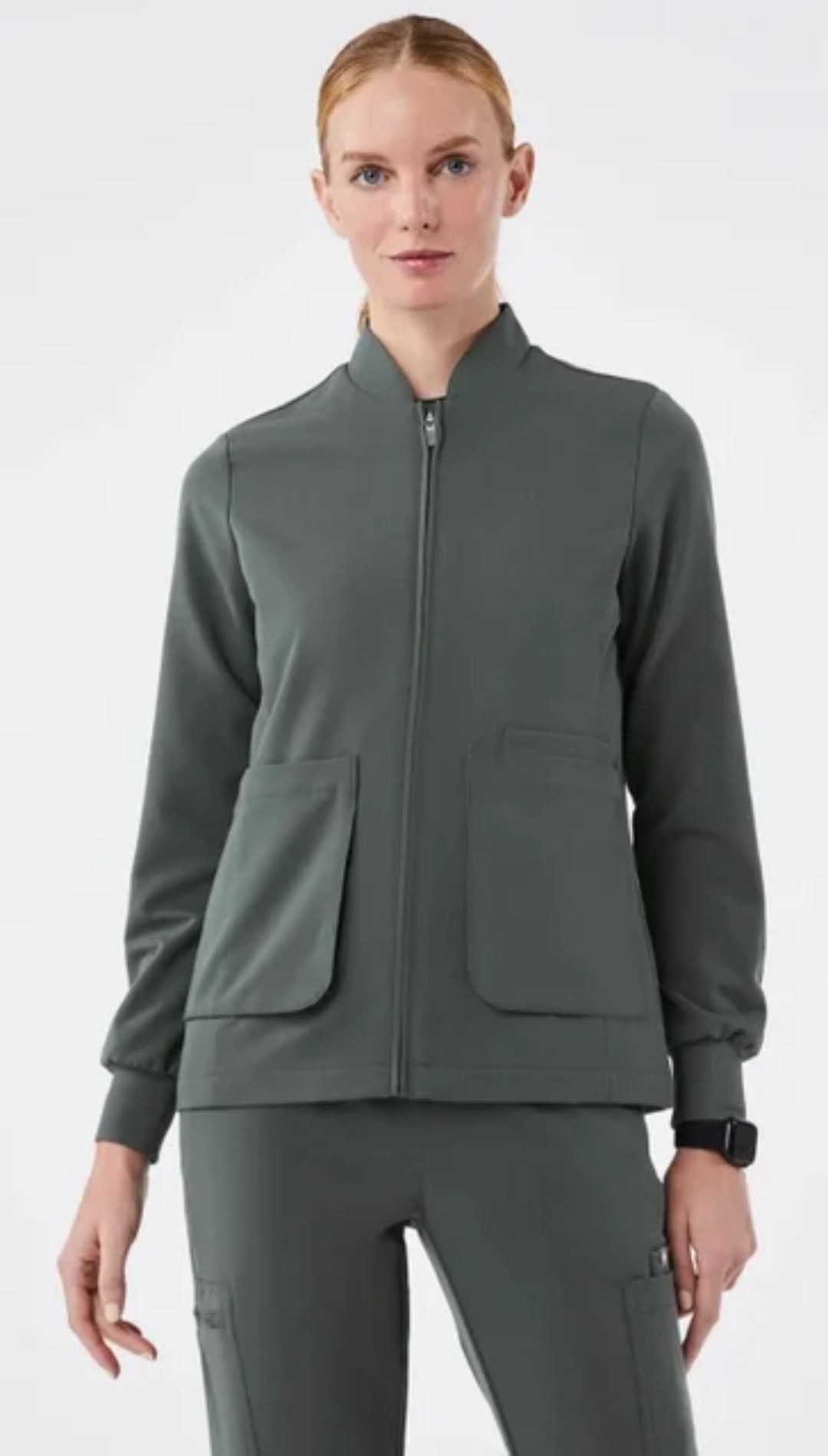 Women’s Waterproof Scrub Jacket – Zip Front Medical Jacket (Navy & Olive)