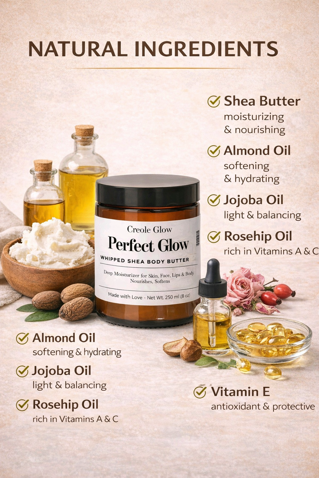Creole Glow Perfect Glow Whipped Shea Body Butter - Deep Moisturizing Multi-Use Skin Care (Face, Lips & Body)