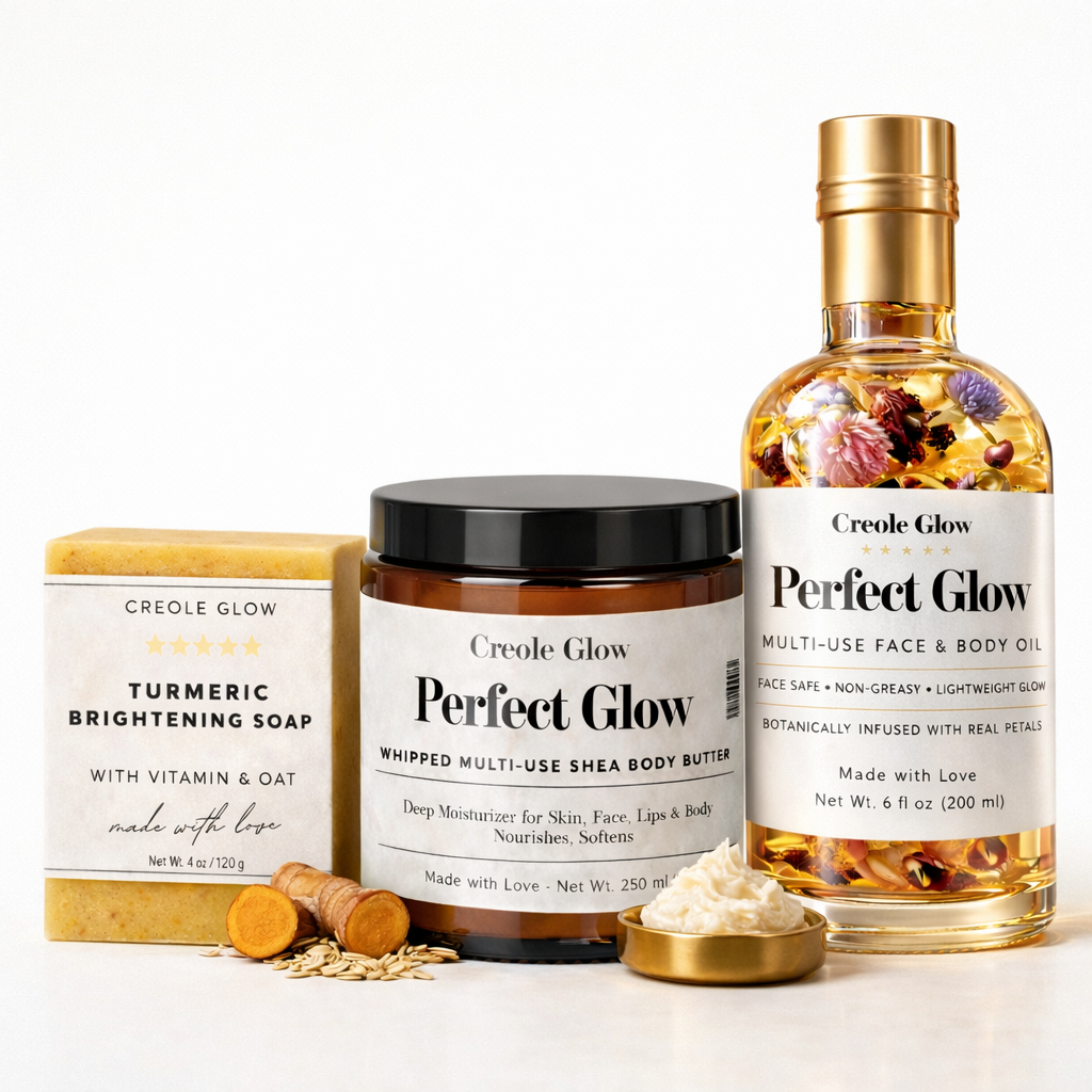 Creole Glow Perfect Glow Bundle - Turmeric Soap, Shea Butter & Glow Oil Skincare Set