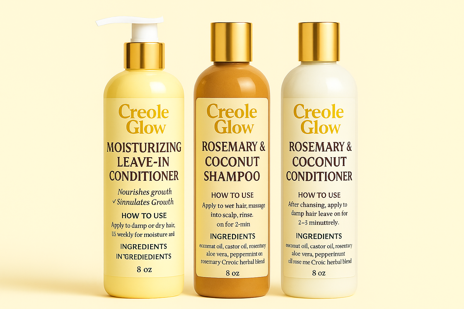 Creole Glow Rosemary & Coconut Hair Care Trio – Shampoo, Conditioner & Leave-In Conditioner | Nourish, Strengthen & Stimulate Hair Growth | 8 oz Each