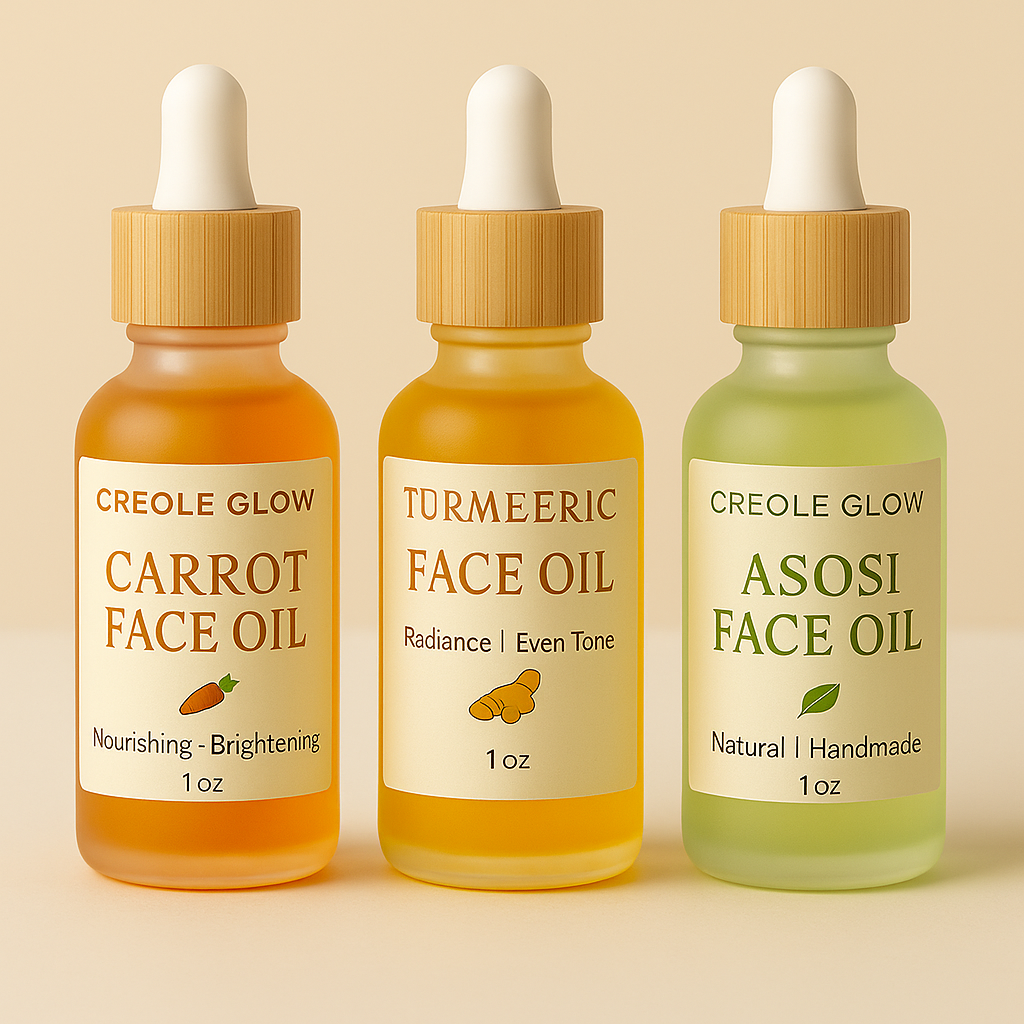 Creole Glow Herbal Face Oil Bundle | Asosi, Carrot & Turmeric – Natural Glow Set (3 x 1 oz)