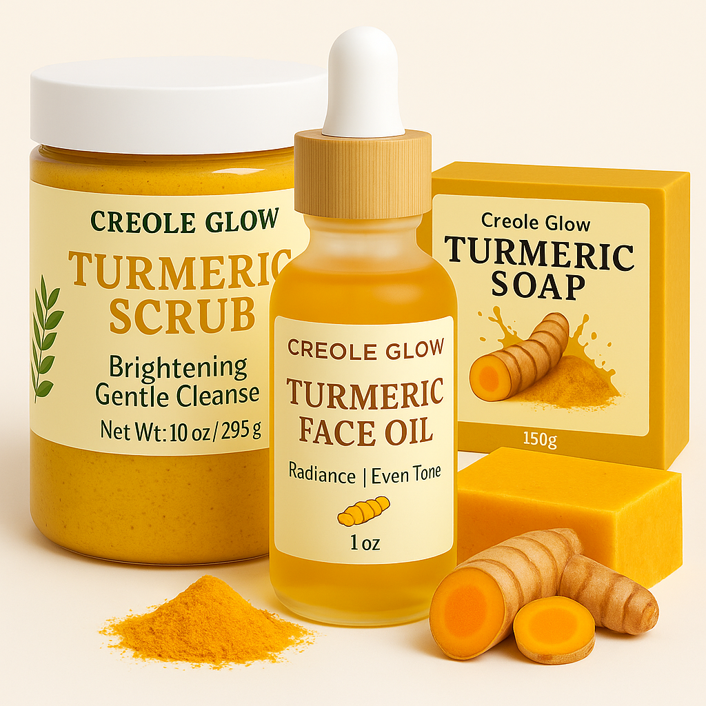Creole Glow Turmeric Skincare Bundle – Scrub, Face Oil & Soap Creole Glow Turmeric Kit – Gommage, Lwil Vizaj & Savon